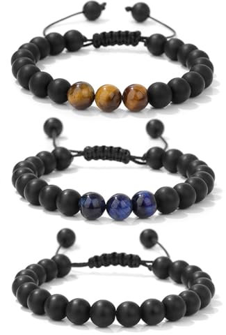 LOCCY Perlenarmband Herren, 3 Stück 8mm Perlenarmbänder Set Stretch Tigerauge Armband Lavastein Perlen Armband für Männer Fraun für Geburtstag Vatertag Weihnachten Geschenke (Set 10-Elastisch)