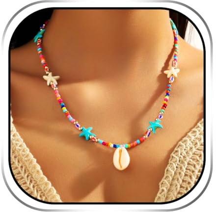 Handcess Boho Perlen Halskette Bunte Seestern Halsketten Muschel Halskette für Damen