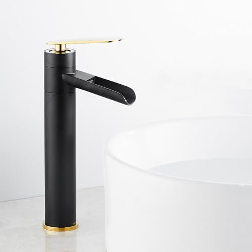 Miscelatore Lavabo Alto a Cascata Rubinetto Lavabo Alto Nero+Oro Set Rubinetti Bagno a Cascata Miscelatore Monocomando per Bagno in Ottone
