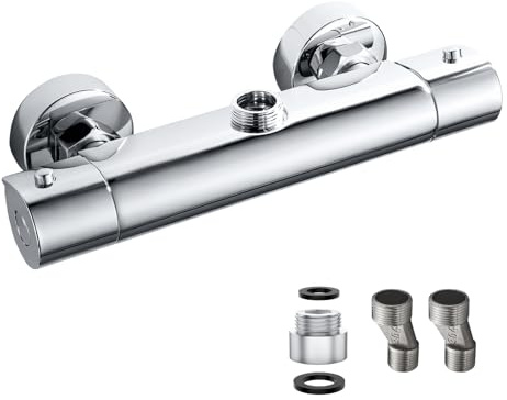 Miscelatore termostatico per doccia con uscita superiore da 3/4 BSP, in ottone massiccio, miscelatore termostatico per doccia, 38 °C, anti-scottatura, con adattatore per tubo BSP da 3/4 a 1/2