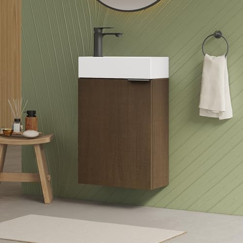 EMKE Lavabo avec Meuble Bas de 41 cm - Ensemble Compact avec lavabo en céramique pour Toilettes d'invités et Petite Salle de Bain - Meuble Bas - Chêne fumé