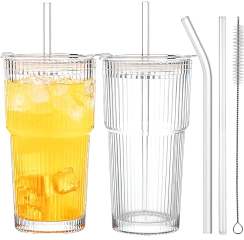 JDHUIOO 20oz Ribbed Glass Iced Coffee Cup with Leakproof Lid & Reusable Straw - 600ml Large Capacity Tumbler for Cold Brew, Smoothie, Milkshake, Bubble Tea - Dishwasher Safe, BPA Free