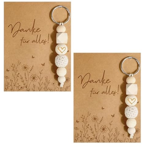 WALDSEELE 2 Stück Danke Geschenk für Frauen,Glück Holz Schlüsselanhänger mit Karte,Glücksbringer Schlüsselring Dankeschön Geburtstagsgeschenk,Klein Abschiedsgeschenk für Weihnachten Lehrer Kollege