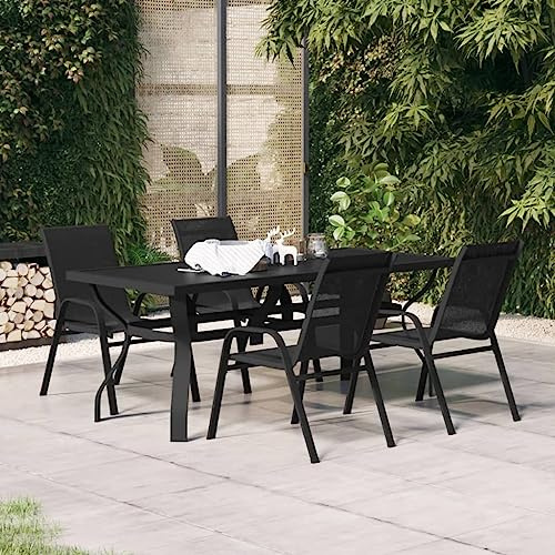 Owoxanthellate 5-TLG. Garten-Essgruppe Schwarz, 180×80 cm Glastisch, stapelbare Textilene-Stühle, wetterfest