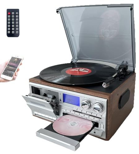 10 in 1 CD Bluetooth Cassette Player, Retro Vinyl Record Player with Remote, Built-in Speakers, USB/SD, Aux-in/RCA Line Out, 3 Speed Vinyl Turntable, for Entertainment Office(Brown)