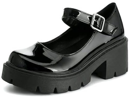 Damen Bequeme Mary Jane Plateau Pumps Lackleder Blockabsatz Runde Zehenpartie Für Stehen Täglichen Gebrauch