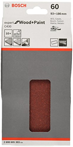 Bosch Accessories Feuille Abrasif pour Ponceuses Orbitales, 8 Trous, 60 Grain, 93mm x 186mm, Lot de 10