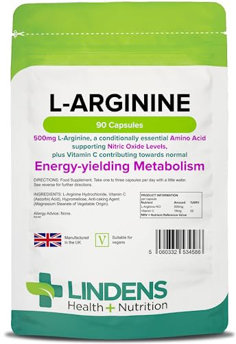 Lindens - L-Arginine 500mg, 90 Capsules - UK Made - Amino Acid with Vitamin C - Supports Nitric Oxide Levels, Contributes to Vascular Performance & Metabolism - Letterbox Friendly