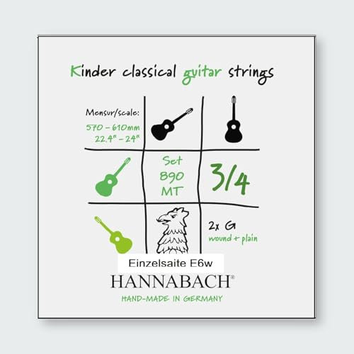 Cordes de guitare classique Hannabach Série 890 MT pour guitare d'enfant 3/4 Diapason : 57-61cm - Mi6 filé - 8906MT 3/4