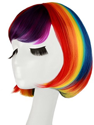 Bob Perücke Karneval Regenbogen ca.30cm für Damen und Frauen, glatte Bunte Kurzhaarperücke für Kurzhaar Halloween Vika oder Mottopartie Weihnachten