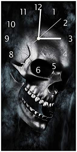 Wallario Design-Wanduhr, Acrylglasuhr Größe 30 x 60 cm, weiße Zeiger, Motiv Rauchende Schädel