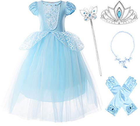 JerrisApparel Fille Robe De Cendrillon Princesse Costume Partie De Fantaisie Habiller (5 ans, Bleu avec Accessoires)