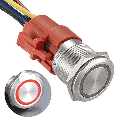 APIELE 19MM Verriegelung Druckschalter 12VDC 5A, Edelstahl mit LED Ringbeleuchtung wasserdicht Latch Drucktastenschalter mit vorverdrahtetem Stecker, Auto RV LKW Boot EIN/AUS Taste Schalter (Rot)