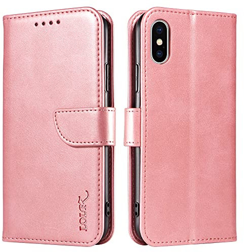 LOLFZ Wallet Case for iPhone XS Max, Vintage Leather Book Case with Card Holder Kickstand Magnetic Closure Flip Case Cover for iPhone XS Max - Rose Gold
