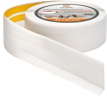 Quest Plinthe Souple Autoadhésive - 50 mm x 20 mm - Plinthe en PVC de finition - Pour l'intérieur, mur, sol, salle de bain, salon - Flexible, Étanche, Décoratif - 20 mètres, Blanc