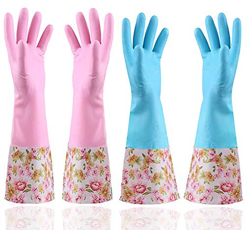 KINGFINGER Gummi-Latex-Handschuhe, wasserdicht, 2 Paar große lange Manschetten und Flockfutter, Haushaltsreinigungshandschuhe
