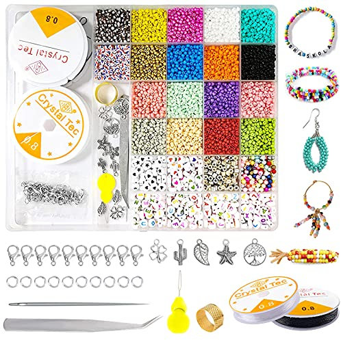 Ourdort 7000+ piezas 3mm Perlas de Vidrio Colores Cuentas,cuentas para hacer pulseras,Mini cuentas de cristal,abalorios para manualidades,Semillas con Anillos de Salto,cuentas para hacer pulseras