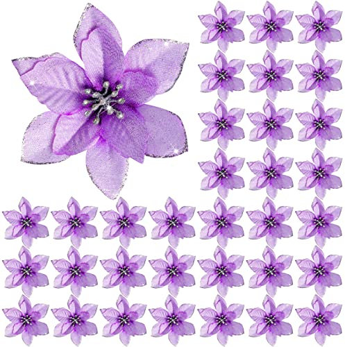 WILLBOND 45 Stücke Weihnachtsstern Dekorationen Glitzer Künstliche Weihnachtsblumen für Weihnachtsbaum Ornament, 5 Zoll (Lila)