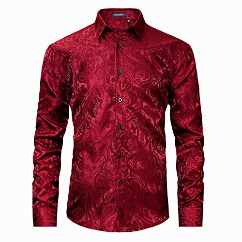 HISDERN Herren Seide Blumen Muster Hemd Langarm Weinrot Paisley Satin Hemden Jacquard Freizeithemd für Hochzeit Regular Fit XL
