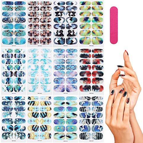 MWOOT 12 Blatt Marmorierung Nagelfolie Selbstklebend, Full Wraps Marble Nail Polish Decals Kit, Nagel Aufkleber Sticker Nagelsticker mit 1 Nagelfeile Set für DIY Frauen Mädchen Maniküre Dekoration
