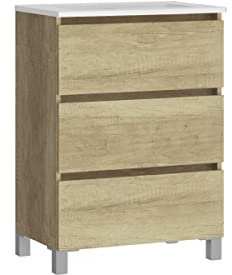 Baikal Mueble de Baño TRIX, Distribución de 3 cajones, con Patas y con Lavabo cerámico. Melamina 16mm. Distintas Medidas y Acabados Disponibles. Mueble MONTADO