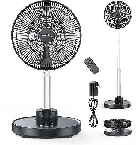 Faraday Ventilador oscilante de pie plegable de 12 pulgadas, ventilador de piso silencioso portátil de 12000 mAh, ventilador pedestal recargable con mando a distancia, ajuste del temporizador, altura