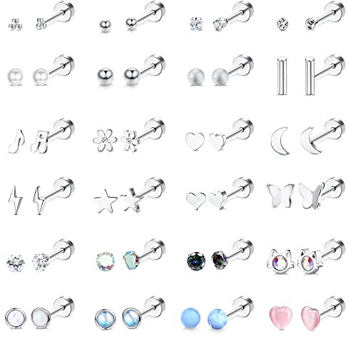 ADRAMATA 24 Paar Ohrstecker für Damen Edelstahl Ohrringe Set Tragus Helix Knorpel Ohrringe Piercing Hypoallergen Flache Rückseite Silber Ohrringe Winzige Silber Ohrstecker für Damen Mädchen
