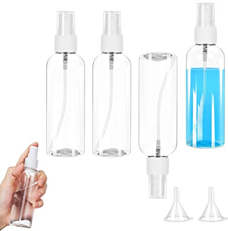 PXRLMYF 4Pcs Flacon Vaporisateur,100ml Plastique Transparent Bouteille de Spray,Bouteilles de Voyage Vide Pulvérisateurs pour l'eau Cosmétique Parfum, avec Entonnoir