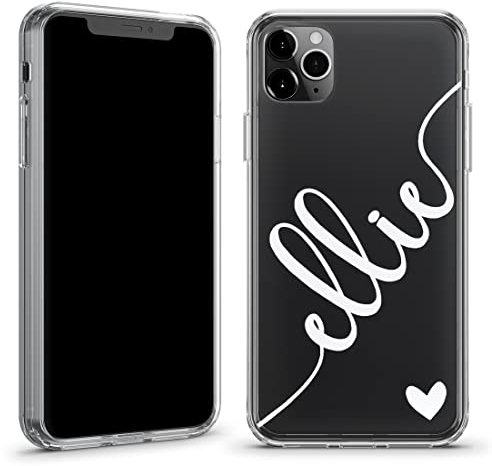 TULLUN Personalised Phone Case for iPhone 12/12 Pro - Custom Heart and Diagonal Name Initials Crystal Clear Hybrid Shockproof TPU Bumper & Hard Back Plate Phone Case Cover - White