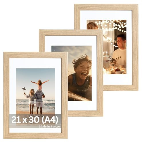 VictoR Bilderrahmen Passepartout Richter Beige 3er Set in 21x30 cm (A4) mit 15x21 (A5) Passepartout - Fotorahmen Holz - Leiste: 25x20mm - Bilderrahmen Set A4 Beige