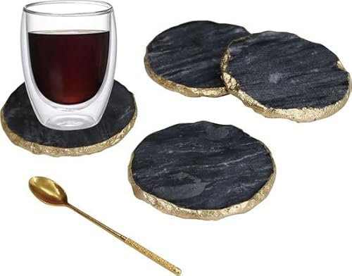 Sous-verres en marbre 4 pièces - Sous-verres en verre - marbre sous-verre - dessous de verre de luxe(Set) noir/or