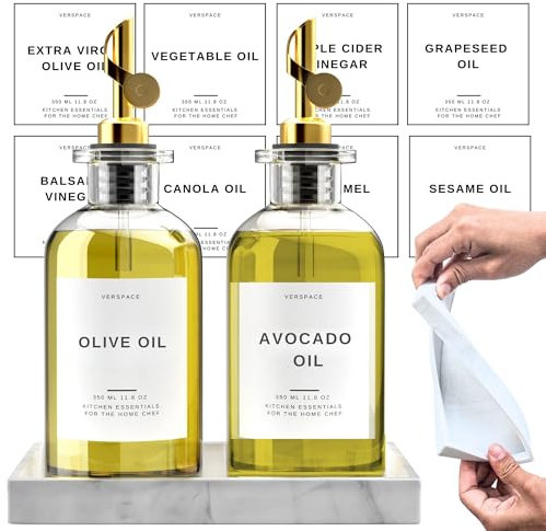 Verspace Oil Dispenser Bottle For Kitchen With Silicone Marble Tray, Olive Oil Dispenser Bottle, Coffee Syrup Dispenser, Glass Dispenser With Spout Set 2 PCS (Gold + Tray)