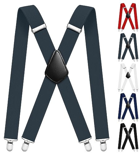 Aomig Hosenträger für Herren, Hosenträger Herren Extra Stark Breit 3,5 Cm mit Sehr Starken 4 Metall Clips, Einstellbar und Elastisch Einheitsgröße Hosenträger für Männer und Damen, X Style(Grau)