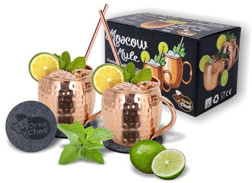 Orso Chef Set Completo Di 2 Bicchieri Cocktail Moscow Mule Rame, Accompagnati Da Cannucce, Sottobicchieri Acquistando In Omaggio Esclusivo E-book Con Ricette E Suggerimenti Per Cocktail