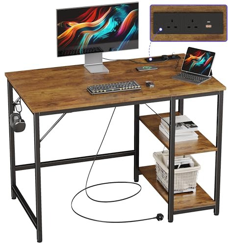 JOISCOPE Computer Desk, 100cm Office Desk With Power Outlets, USB & Type-C and Shelves, Modern PC Table With Hook, Study Writing Desk for Bedroom Home Office, Rustic Brown