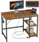 JOISCOPE Computer Desk, 100cm Office Desk With Power Outlets, USB & Type-C and Shelves, Modern PC Table With Hook, Study Writing Desk for Bedroom Home Office, Rustic Brown
