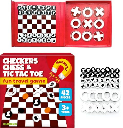 Quokka 3 in 1 Chess&Checkers&TicTacToe Schachspiel Kinder ab 6 - Dame Spiel - Tic Tac Toe - 42-teiliges Magnetisches Reisespiel für 3–5 Jährige - Reiseschach Magnetisch für Jungen und Mädchen