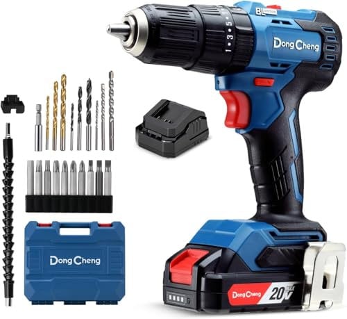 Dong Cheng 20V Brushless Heavy-Duty Impact Drill, 50N.m, 27000 BPM, 1/2 Keyless Metal Chuck, 20+1+1 Clutch, Cordless Hammer Drill with 2.0Ah Battery for Drilling Brick Wall, Metal, Wood