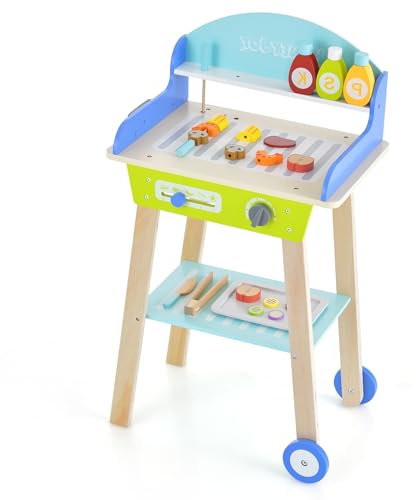 GYMAX Set da Gioco Barbecue in Legno per Bambini con 21 Pezzi di Accessori da Gioco, Set di Grigliate Giocattolo con Ripiano, Manico e 2 Ruote, per Bambini e Bambine dai 3 Anni