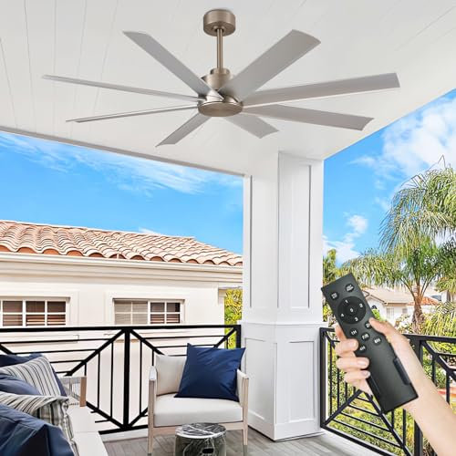 Depuley Groß Deckenventilator ohne Licht für Außen: 153CM Ventilator mit Fernbedienung für Terrasse Garten - Leise Deckenventilator, Reversibler DC Timer für Schlafzimmer, Wohnzimmer, Chrom