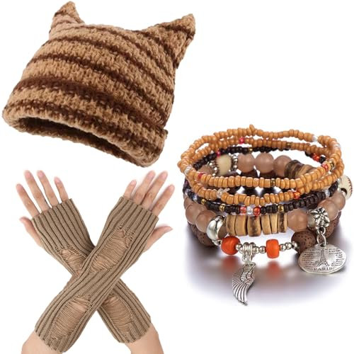 GNAYOAHLI Therian Gear Y2K Kleidung, Grunge-Kleidung, Emo Beanie, fingerlose Handschuhe, fünf Fairycore-Armbänder, Braun, One Size