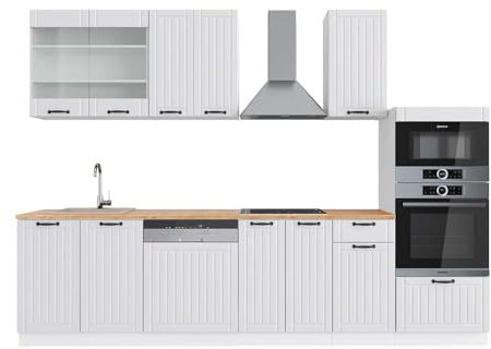 Vicco Küchenzeile Fame-Line, Weiß Landhaus/Weiß, 300 cm mit Hochschrank, AP Eiche