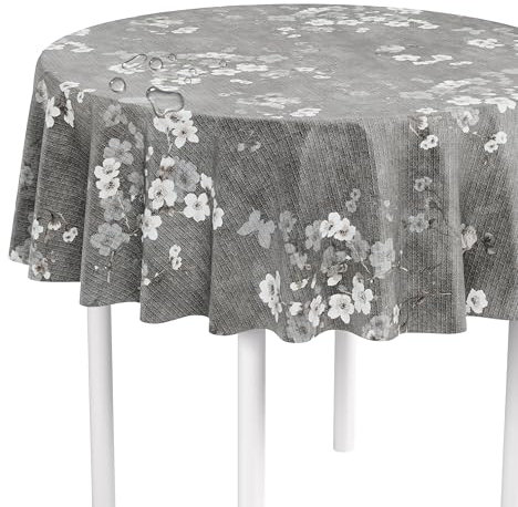 LILENO HOME Tischdecke abwaschbar als Meterware 140 cm rund (Schnittkante) in Kirschblüte grau Elegance Motiv - Wachstuchtischdecke wasserabweisend ideal als Tischtuch