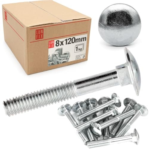 Lun Fix - Boulons de carrosserie avec collet carré - M8 x 120-1 kg (22 pièces) - Vis à tête bombée - Filetage complet - Vis à tête champignon - Acier galvanisé