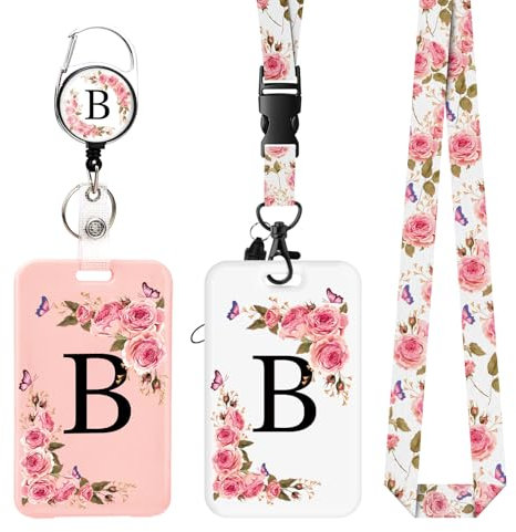 2 Pack Porta Badge con Lettere A-Z, Cordino Rimovibile e Clip Retrattile, Porta badge da collo personalizzato per donne infermiere insegnanti studenti Ufficio (B)