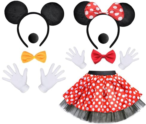 Funnity Minnie Mouse Kostüm Damen, Mick Mouse Partnerkostüme Erwachsene, Mini Maus Ohren Handschuhe Nase Fliege flauschiger Rock, Minnie Mouse Kostüm Für Fasching Mottoparty Cosplay