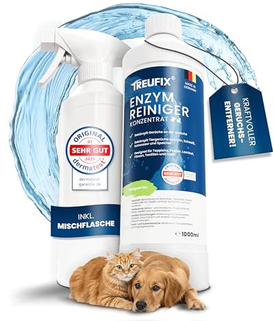 Treufix Enzymreiniger Konzentrat inkl. Mischflasche beseitigt Hundeurin, Katzenurin aus Sofa, Teppich, Polster - Mikrobiologischer Geruchsentferner - Effektiver Geruchsneutralisierer 1L Made in DE