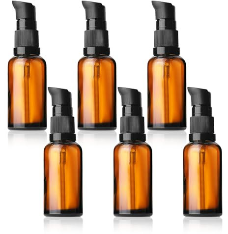 Annlpoy 6 pcs 30 ML flacons vides en Verre Marron, flacons à Pompe en Verre ambré vides Réutilisables pour Lotions, Shampoings et Huiles Essentielles, Protection UV pour Cosmétiques