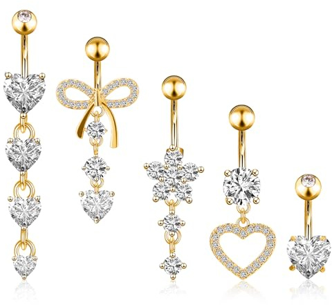 Livdouyu 5 Stück Bauchnabelpiercing Chirurgenstahl | Bauchnabelpiercing Gold Piercing Bauchnabel Schmetterling Blumen Herz Anhänger Nabelpiercing Bauchnabelschmuck Damen