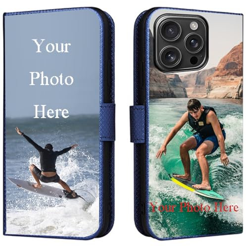 FortiCase Personalised Phone Case for iPhone 12 Pro Max,PU Leather Flip Cover,with Card Slots,Holder Cases,Design Your Own Photo Image,Text Personalised Case - Blue-LN4